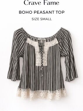 🖤 Crave Fane Boho Peasant Top Size Small Lace Trim Striped Off Shoulder